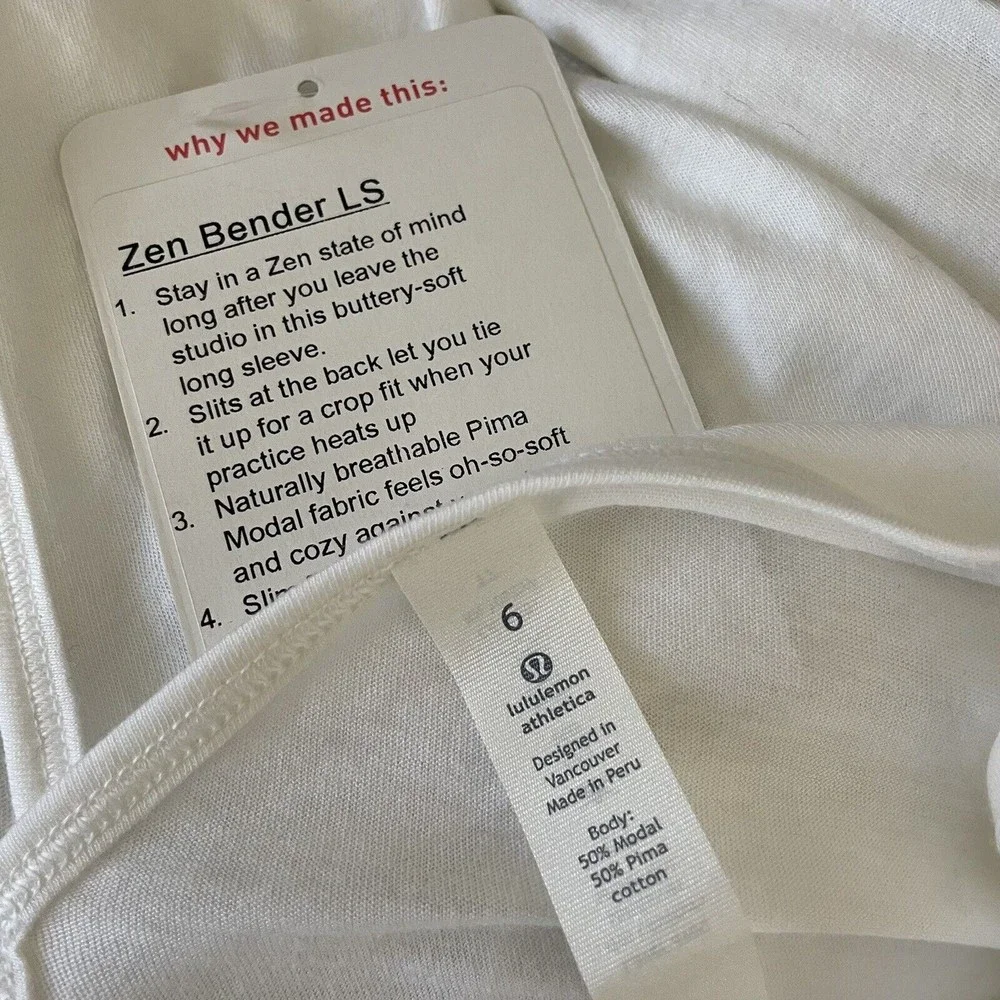Lululemon Zen Bender Long Sleeve Shirt Women’s 6 White Open Back NEW - Picture 7 of 7